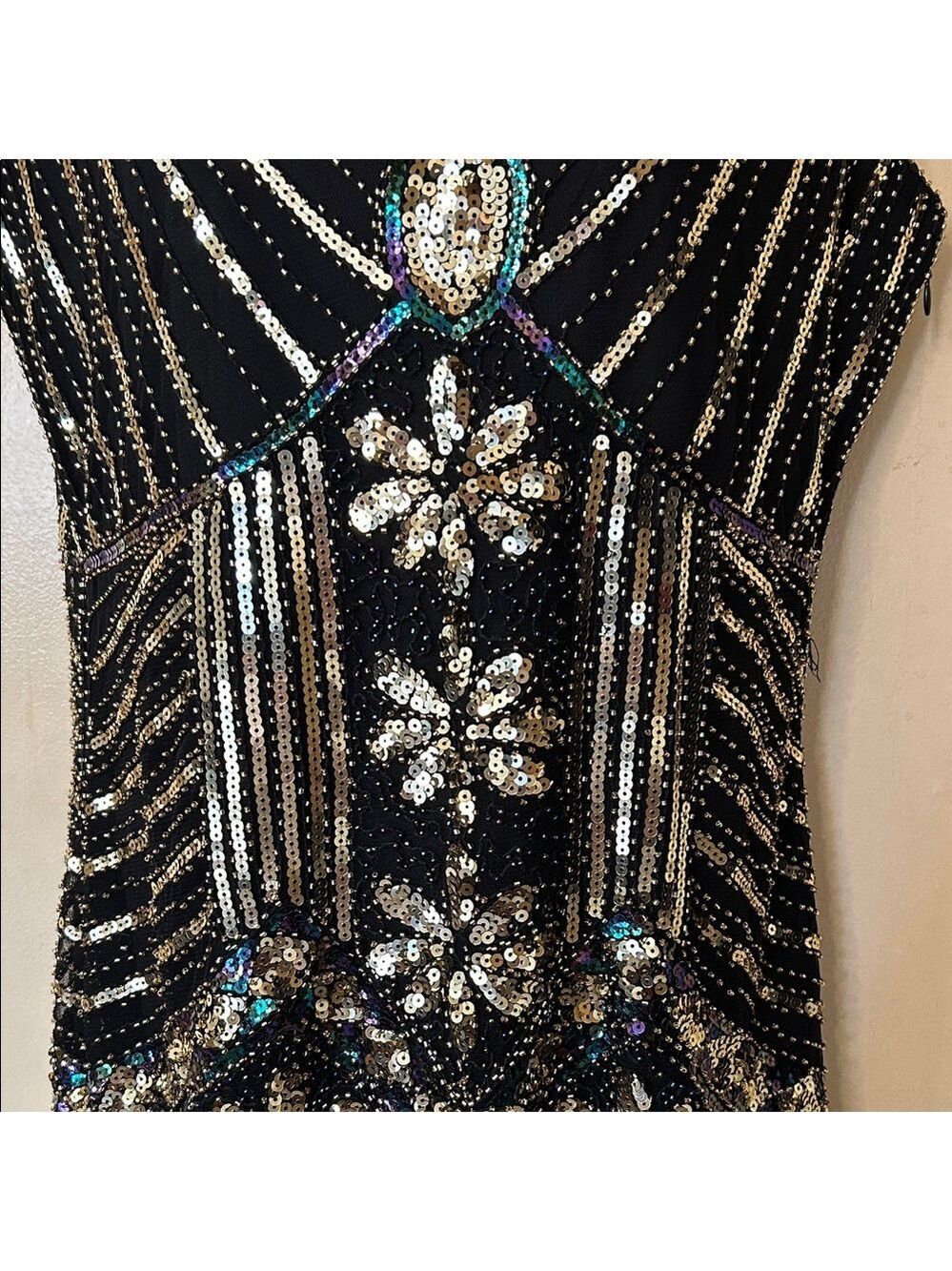 Black and Gold Beaded Fringe V-Neck Flapper Dress size M - Picture 4 of 12